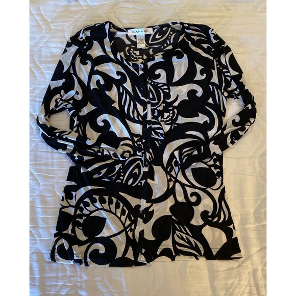 Rafael Blouse Sz Large Black & White Top Button Down Sheer 3/4 Sleeve lightweigh - Picture 11 of 11